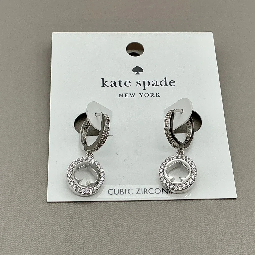 Kate Spade New York Earrings Women Silver Tone Cubic Zirconia Spade Logo Huggie